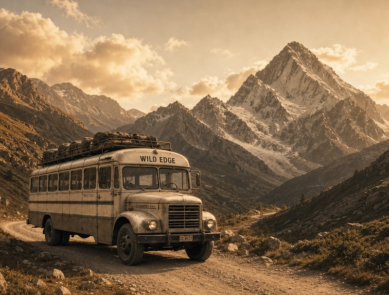 An adventure expedition bus parked in a scenic landscape