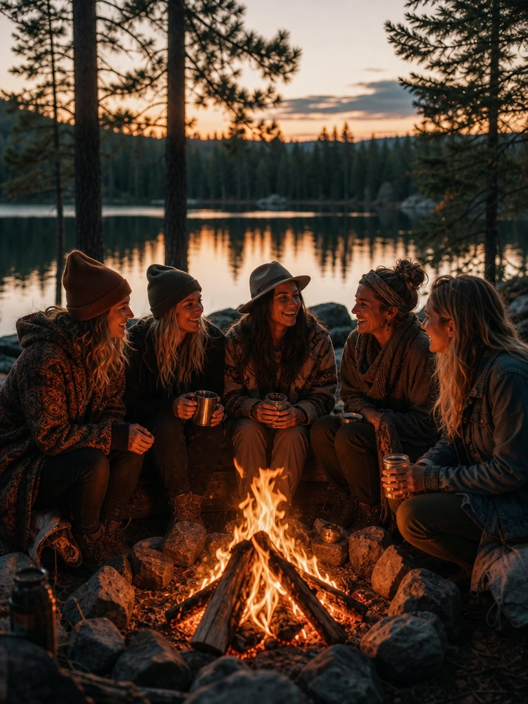 Women gathered around a campfire by a forest lake