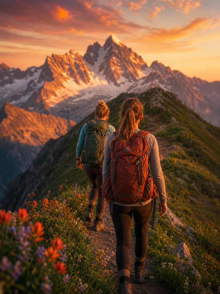 Women hiking an alpine ridge at golden hour