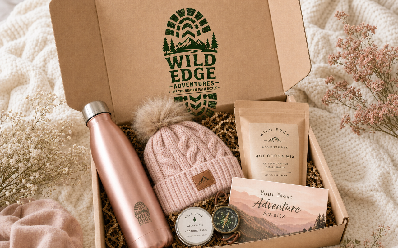 Open Off the Beaten Path subscription box by Wild Edge Adventures filled with curated outdoor gear and a compass
