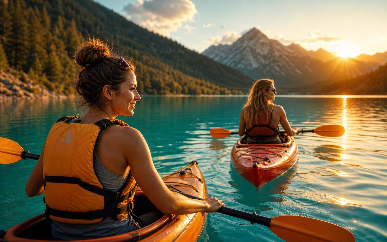 Women kayaking on a turquoise mountain lake at golden hour