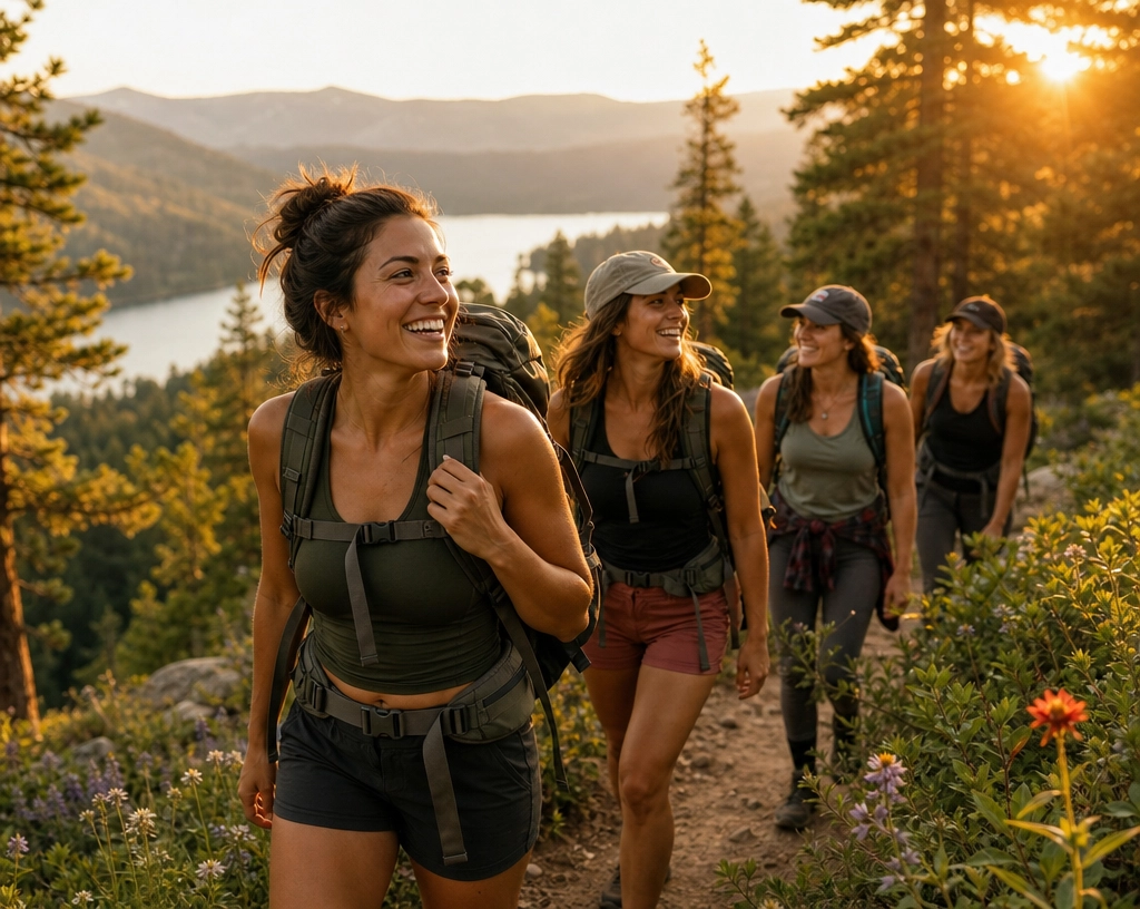 Women hiking together on a scenic forest trail