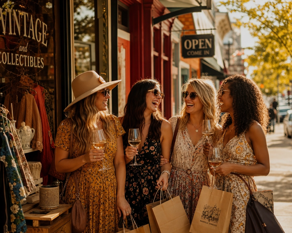 Women friends browsing a charming boutique with wine on a small-town day trip